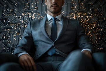 Aufkleber - A businessman sits before a circuit board background, symbolizing technology and leadership in the digital age.