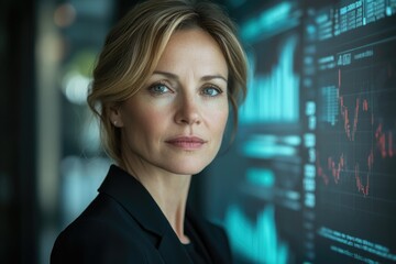 Poster - A confident businesswoman stands before a screen displaying financial data, exuding professionalism and expertise in the corporate world.