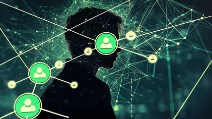 Poster - Visualizing network connections and user profile against dark background highlighting technology and data relationships, Network connections and user profile over dark background