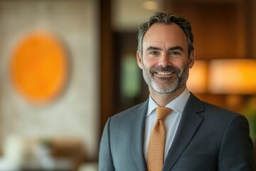 Poster - Smiling businessman in a suit, professional portrait in a modern setting.