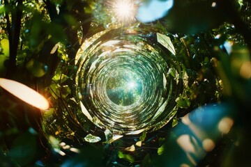 Poster - A captivating view of a dense green forest, showcasing swirling light patterns and reflections through lush leaves, creating a serene and dreamlike atmosphere.