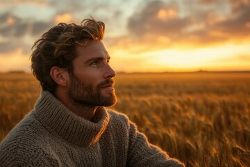 Aufkleber - A man with a beard, wearing a sweater, contemplates the golden sunset over a field of wheat.