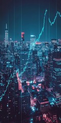 Poster - Illuminated Cityscape with Rising Financial Chart Overlay at Night