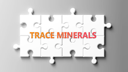 Poster - Trace Minerals complex like a puzzle - pictured as word trace minerals on a puzzle pieces to show that trace minerals is complex and needs cooperating pieces that fit together. ,3d illustration