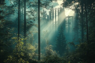 Poster - Mysterious light rays pierce through a dense forest, highlighting industrial ruins. The enchanting atmosphere evokes a sense of serenity and exploration.