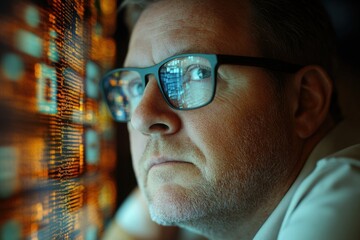 Fototapete - A man intently studies a screen filled with lines of code, reflecting his focused concentration on complex data.