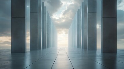 Poster - A stunning view of a corridor framed by tall columns under a dramatic sky. The serene atmosphere invites contemplation and inspires creativity, showcasing architectural elegance.