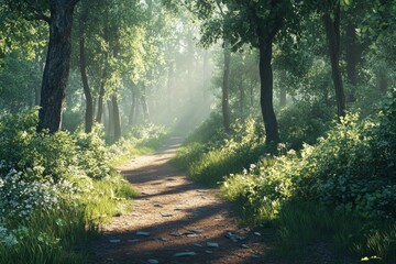 Poster - This enchanting image captures a sunlit pathway winding through a lush green forest, inviting viewers to experience the tranquility of nature's beauty.