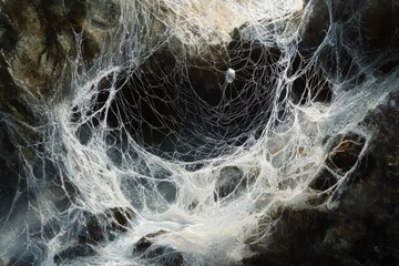 Poster - A close-up view of a delicate spider web glistening in natural light, showcasing intricate patterns and textures against a rough background, evoking tranquility.