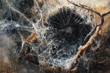 Poster - An atmospheric image displaying an intricate spider web with cosmic qualities, set against a dark, textured background. The scene reveals nature's delicate artistry.