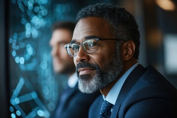 Leinwandbilder - A thoughtful businessman contemplates data, showcasing professionalism and strategic thinking in a corporate setting.