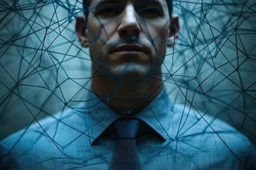 Poster - A man in a blue shirt is entangled in a complex network of interconnected lines, symbolizing modern connectivity and its complexities.