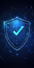 Poster - A vibrant digital shield featuring a blue checkmark symbolizes cybersecurity and protection. Ideal for themes of trust and online safety in technology.