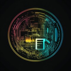 Poster - Colorful Abstract Digital Design with Neon Lines and Circular Structure on Black Background