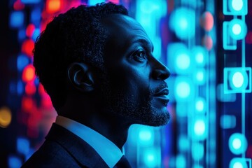 Aufkleber - A contemplative businessman stands silhouetted against a vibrant, technology-infused backdrop, gazing into the future.