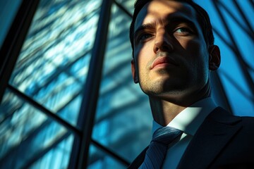 Poster - A young businessman, sharply dressed, stands in a modern office building, sunlight casting dramatic shadows on his face.