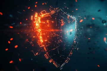 Poster - A captivating digital shield illustration featuring glowing elements and shattering effects. Ideal for concepts of security, protection, and technology themes.