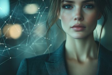 Aufkleber - A woman's portrait, overlaid with a network graphic, evokes themes of connection and technology.