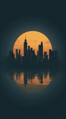 Poster - Cityscape Silhouette at Sunset with Reflection on Water and Dark Sky Background