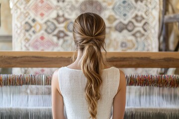 Poster - Woman with a low ponytail sits before a loom weaving a patterned textile.