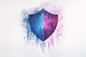 Poster - This abstract design features a shield illustrated in vibrant blue and pink with a data splash background. It symbolizes security and digital innovation.