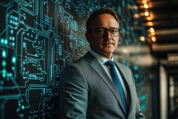 Aufkleber - A confident businessman stands before a technological backdrop, symbolizing innovation and leadership in the digital age.
