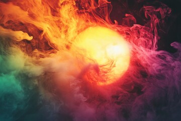 Poster - This captivating abstract image showcases a bright sun enveloped by vibrant smoke, blending warm colors like yellow, orange, and red for an enchanting visual experience.