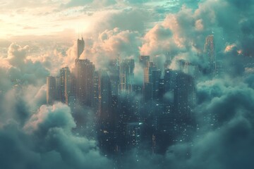 Poster - A stunning cityscape emerges from enveloping clouds at dawn, showcasing a blend of modern architecture and ethereal beauty in a dreamlike atmosphere.