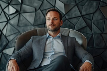 Poster - A confident businessman sits in a modern chair against a geometric backdrop, exuding success and sophistication.