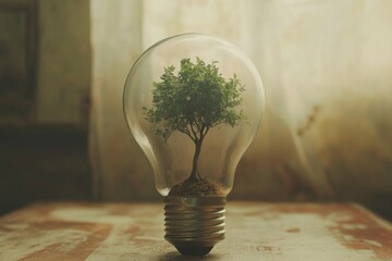Poster - A creative image of a lightbulb containing a small green tree, symbolizing growth and sustainability. Perfect for eco-friendly concepts and innovative designs.
