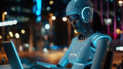 Aufkleber - Woman interacts with artificial intelligence technology using a laptop at night in a modern city environment