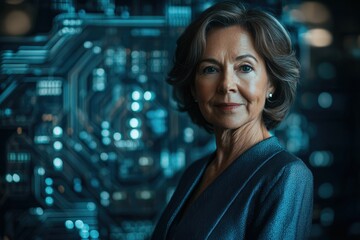 Poster - A mature woman with short hair, wearing a dark blue blazer, stands against a blurred background of technological circuitry.