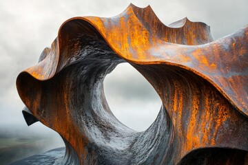 Poster - Abstract rusty metal sculpture with a hole, creating a dynamic and evocative form against a cloudy sky.