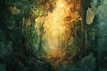 Poster - a mystical forest path bathed in warm light, trees create an enchanted, textured ambiance.