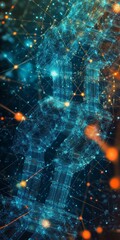 Poster - A blue and orange image of a robot with a blue chain. The robot is surrounded by a network of blue and orange dots. The image has a futuristic and technological feel to it