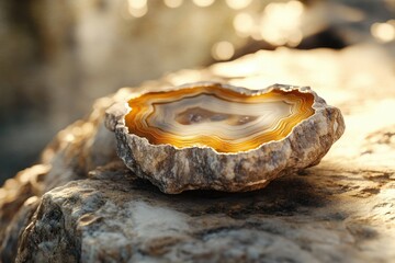 Poster - A mesmerizing agate geode slice displays its intricate, banded pattern in warm, golden hues, resting on a rough rock surface.
