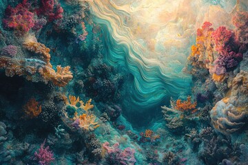Aufkleber - Vibrant underwater scene showcasing diverse coral reefs and swirling turquoise waters.