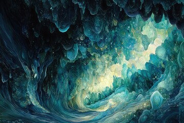 Wall Mural - Abstract underwater cave painting, swirling teal and turquoise hues, luminous glow from within.