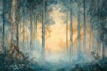 Poster - Misty forest path at dawn, serene and tranquil ambiance, soft light filtering through tall trees.