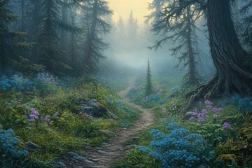 Poster - A misty forest path winds through vibrant wildflowers, leading into a serene, magical realm.