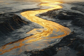 Aufkleber - A winding river of gold reflects the sunset, snaking through a dark, desolate landscape.