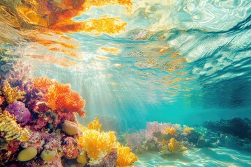 Poster - Vibrant underwater scene showcasing colorful coral reefs bathed in sunlight, a breathtaking spectacle of marine biodiversity.