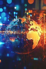 Poster - A stunning depiction of a glowing Earth globe set against a vibrant cityscape filled with colorful lights, symbolizing global connectivity and technology.