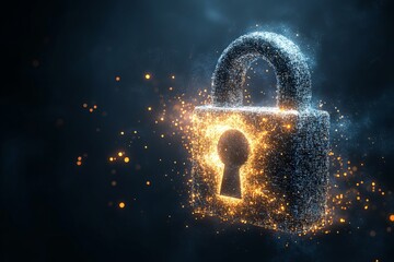 Poster - A stylized digital lock glimmers with vibrant particles against a dark backdrop, symbolizing security, encryption, and protection in the digital age.