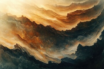 Aufkleber - Golden hour light bathes a surreal, dreamlike landscape of dark, rolling mountains and ethereal clouds.