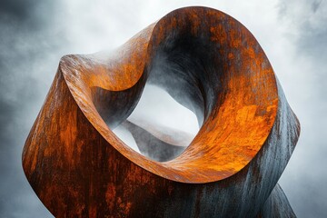 Poster - Abstract rusty metal sculpture, swirling form creating a captivating visual experience against a cloudy sky.