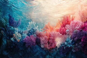Poster - Vibrant underwater coral reef scene showcasing diverse coral species in a range of colors.