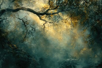 Poster - Enchanted forest scene with a large tree branch reaching over a misty stream, sunlight filtering through the leaves.