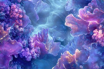 Aufkleber - Vibrant, iridescent underwater coral reef scene, glowing with ethereal light.