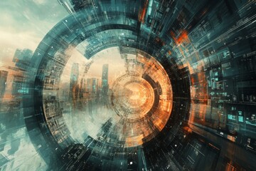 Poster - Futuristic Abstract Digital Cityscape with Vibrant Colors and Circular Motion Elements